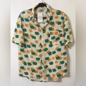 Camisa women’s blouse collar buttons down side pocket beige yellow green 2XL